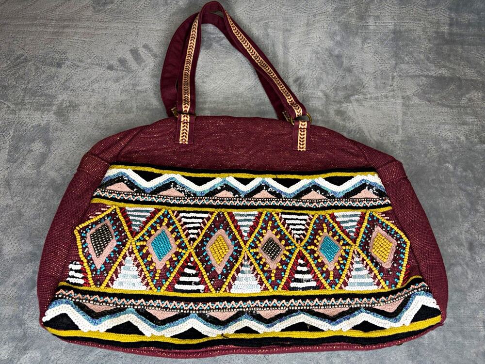 America & Beyond Burgundy Geometric Beaded Sequin Tote Zip w/ Detachable Strap